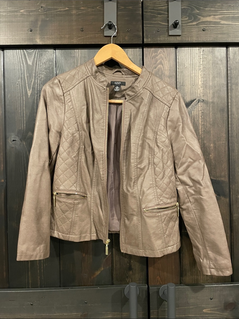 Alfani Taupe Quilted Faux-Leather Zip Jacket for Women